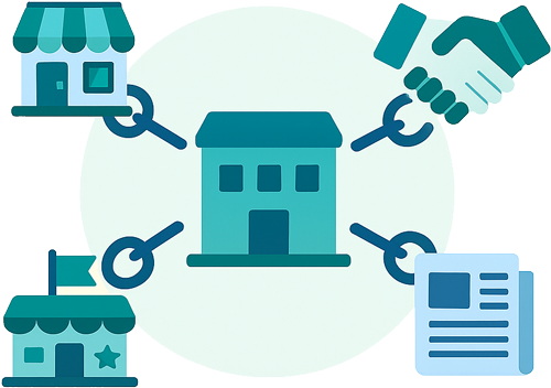 Flat 2D vector illustration showing a central business building connected by chain links to smaller icons including a storefront, handshake, event banner, and newspaper, representing ways to earn local backlinks.