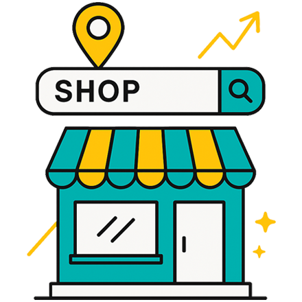 Flat line art illustration of a small business shop with search bar, map pin, and growth arrow symbolizing SEO tips for small businesses