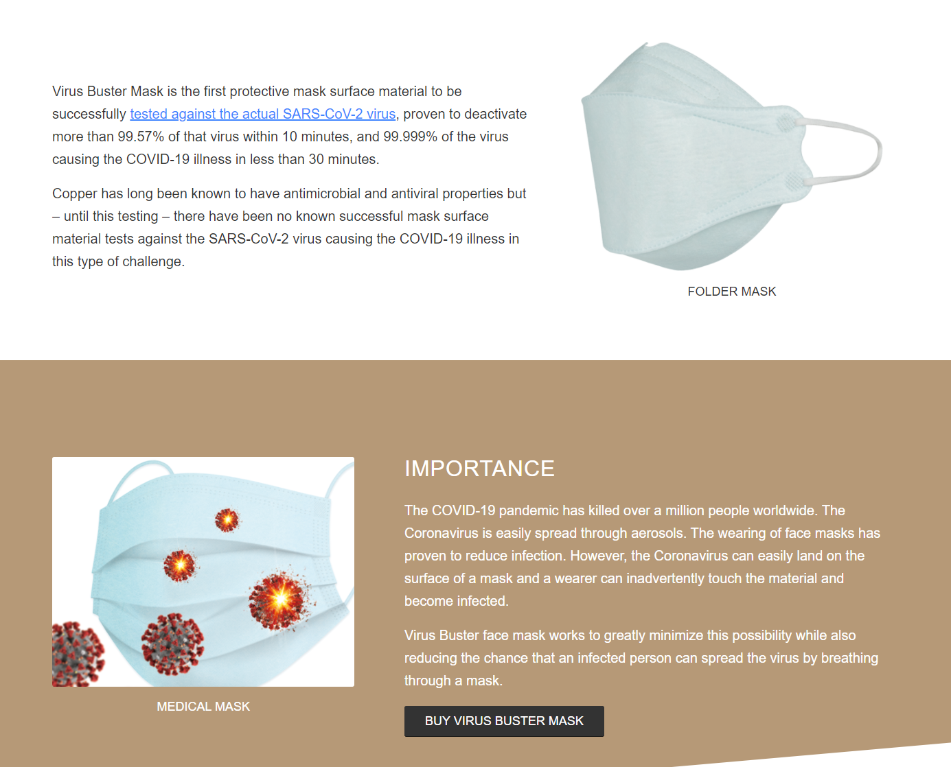 Virus Buster Mask is proven to deactivate 99.57% of SARS-CoV-2 within 10 minutes and 99.999% within 30 minutes. Designed with copper-based antimicrobial properties to reduce infection risk.