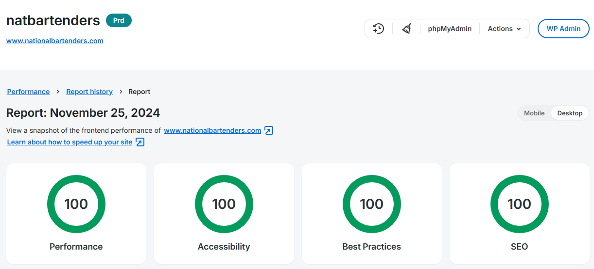 WP Engine performance report screenshot showing perfect 100/100 scores across Performance, Accessibility, Best Practices, and SEO.