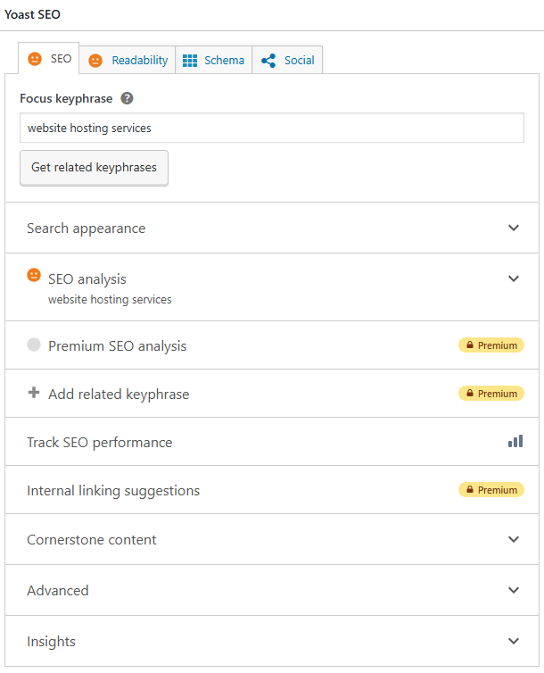 Screenshot of the Yoast SEO plugin with focus keyphrase set to "website hosting services". Options include SEO analysis, related keyphrases, track SEO performance, internal linking suggestions, cornerstone content, advanced, and insights.