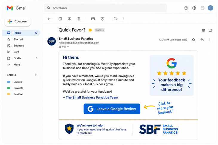 Email example asking a customer to leave a Google review