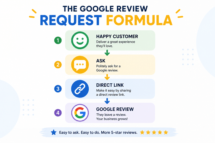 Google review request formula showing happy customer, ask, direct link, and Google review