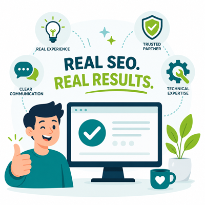 Real SEO. Real Results. SEO consultant illustration highlighting experience, communication, technical expertise, and proven results.