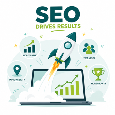 SEO growth illustration featuring a rocket launch, website traffic growth, and lead generation.