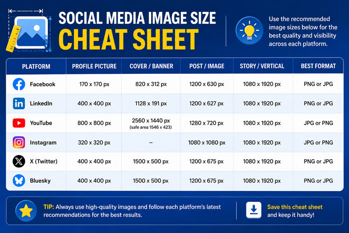 Social media image size cheat sheet with profile picture, banner, and post dimensions for major platforms.