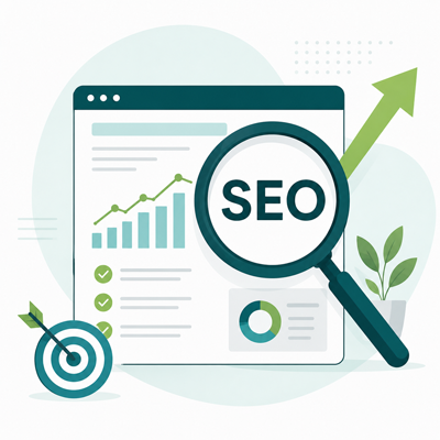 SEO services illustration showing search optimization, analytics, keyword research, and website growth.
