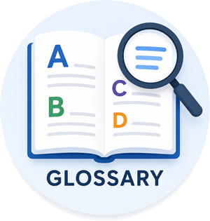 Illustration of an open glossary book with a magnifying glass representing digital marketing terms and definitions.
