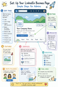 LinkedIn business page setup infographic showing a 9-step checklist for creating and optimizing a professional LinkedIn Company Page.
